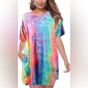 Tie-Dye Short Sleeve Tshirt Dress - Multicolor, Rainbow Summer